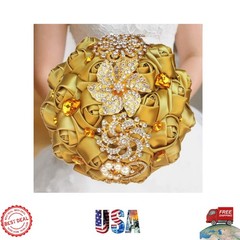 Handmade Satin Rose Wedding Bouquet with Gold Crystals – Perfect for Brides