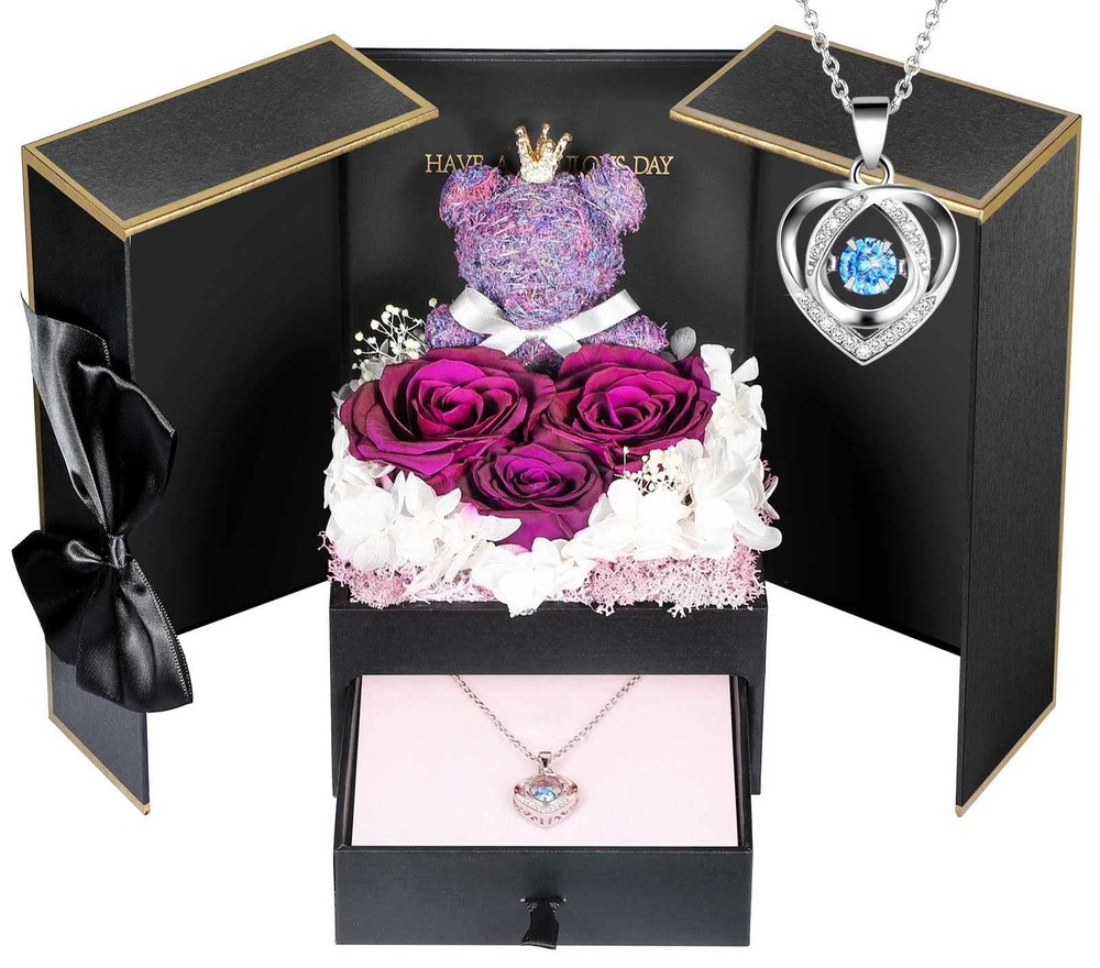 Preserved Real Purple Rose with Sterling Silver Necklace Roses