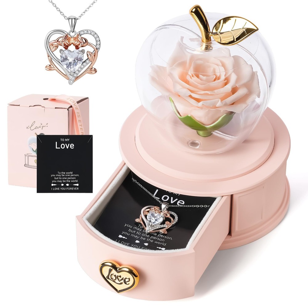 Preserved Real Rose with Necklace,Preserved Roses Lovely Pink