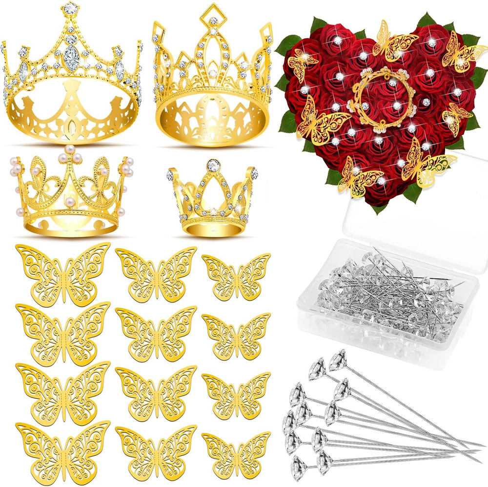 Gold Crowns for Flower Bouquets, Flower Bouquet Accessories Including 4 Pcs Bouq