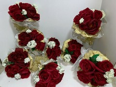 LOT OF 8 SILK Red Rose Wedding Bouquets with Gold Wired Ribbon & Gold & Shiny