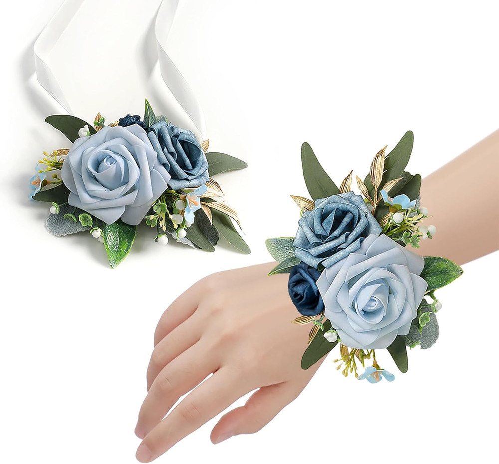 Dusty Blue Flower Wrist Corsage Set of 6 for Weddings & Prom