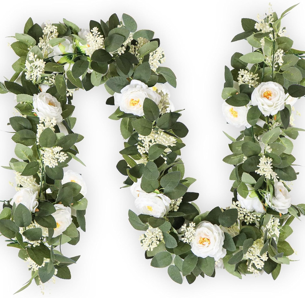 2Pack White 6.6 Ft Eucalyptus Garland with Lovely Faux Rose Flowers, Artificial
