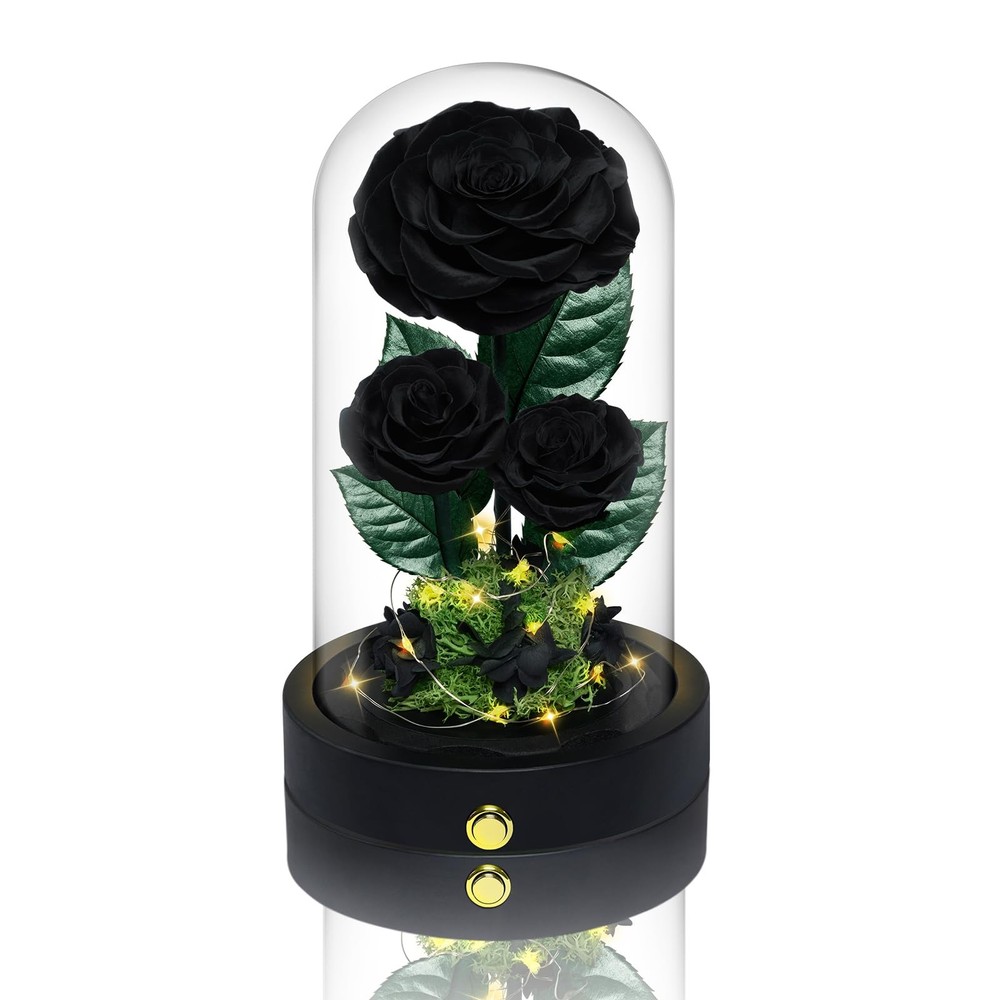3 Preserved Flowers Roses in Glass Dome for Beauty and The Black