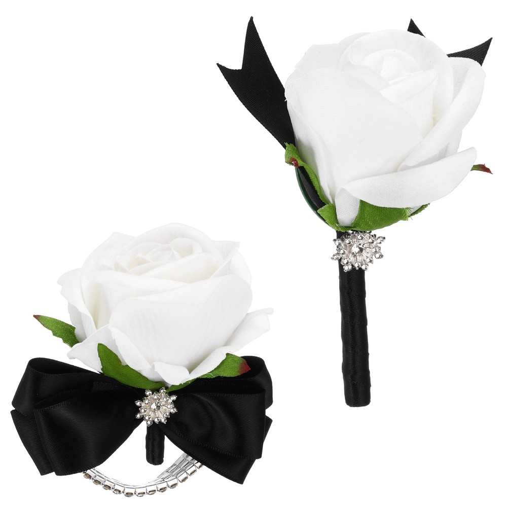 2Pcs Wrist Corsage Boutonnieres Set with Black Ribbon, White