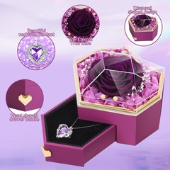 Preserved Real Rose with Necklace Forever Flowers Diamond shaped Box Purple