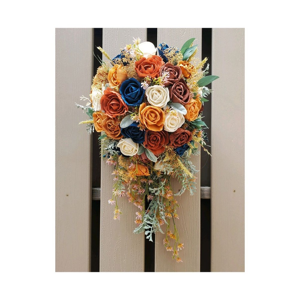 Burnt Orange Navy Bridal Bouquet Fall Colors Wedding Flowers Sola Wood Cascade