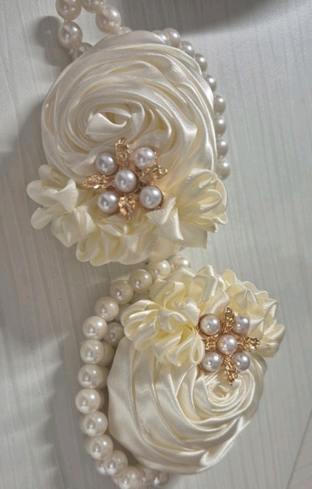 Elegant Ivory Satin Flower Wrist Corsage – Faux Pearl Bracelet Wedding Prom
