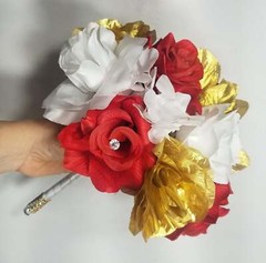 Red White Gold Rose Bridal Wedding Bouquet Accessories