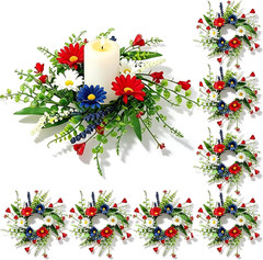8 PCS Patriotic American Candle Rings Wreaths Artificial 4Th of July Floral Cand