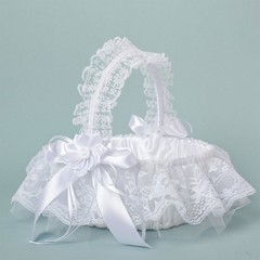 Flower Girl Basket White Lace Flower Basket Bow Tassel Decoration for Wedding
