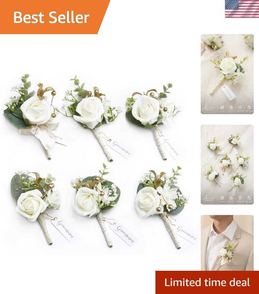 Boutonniere for Men, 6pcs Groom Groomsmen Boutonniere, Artificial Flowers for…