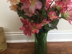 VINTAGE SILK FLOWER mixed blush pink +flowers ROSES ARRANGEMENT in a green vase