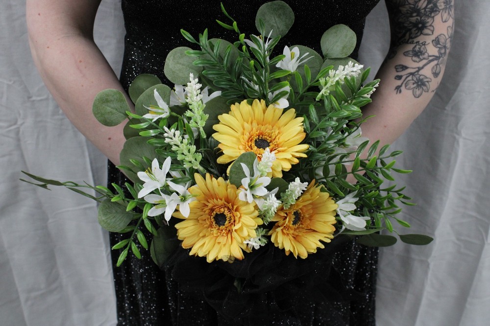 Gold/yellow gerbera daisy & white freesia floral bouquet w/ boutonniere