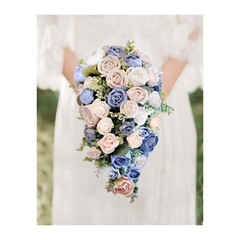 Pink Dusty Blue Rose Cascade Bridal Bouquet Eucalyptus Sola Wood Wedding Flowers