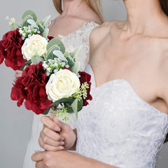 Burgundy & Peach Pink Artificial Bridesmaid Bouquets Set of 6 for Weddings