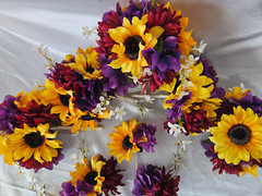 Fall Wedding Bouquet Set, Roses, Sunflowers, Purple, Yellow, Maroon
