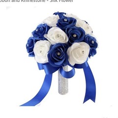 Angel Isabella 10″ Wedding Rose Bouquet Royal Blue White Silk Ribbon Rhinestone