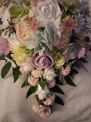 Pastel Bouquet and Boutonniere, Teardrop Style, Pink, Blue, Lavender 2pc Set