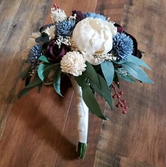 Burgundy Dusty Blue Sola Wood Bridal Bouquet Artificial Cascade Wedding Flowers