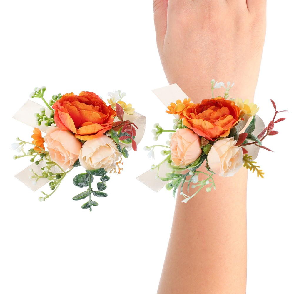 Rose Bridesmaid Wrist Corsage Set Artificial Flower Bride Orange/Beige/White