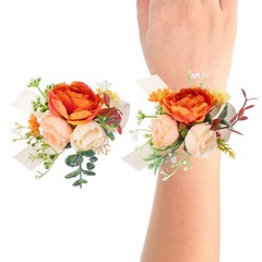 Rose Bridesmaid Wrist Corsage Set Artificial Flower Bride Orange/Beige/White