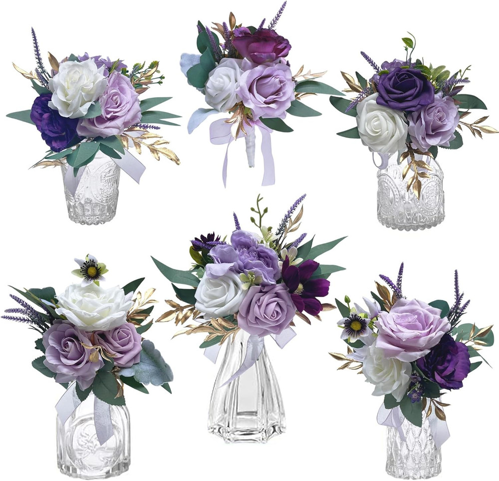 Set of 6 Mini Floral Centerpieces for Wedding & Home Decor – Purple Bouquets