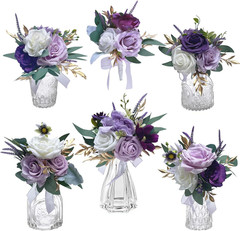 Set of 6 Mini Floral Centerpieces for Wedding & Home Decor – Purple Bouquets