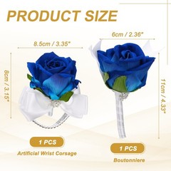 2Pcs Wrist Corsage Boutonnieres Set with White Ribbon, Blue