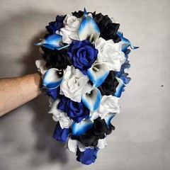 Royal Blue Black White Rose Calla Lily Bridal Wedding Bouquet Accessories
