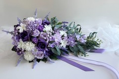 Cascading Wedding Bouquet Purple Lavender Lilac White Flower Bouquets Faux Silk