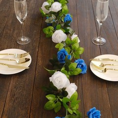 2 WHITE ROYAL BLUE 7 ft long Silk Rose Wedding Garland Leaves Bendable Wire