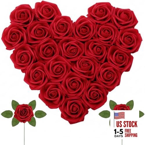 Artificial Flowers Pcs Foam Real Looking Roses with Stems, Fake 25 Dark Red