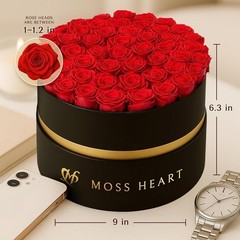 50 Petite Preserved Roses, Designer Round Box, Real 50 Red