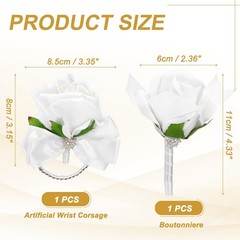 2Pcs Wrist Corsage Boutonnieres Set with White Ribbon, White