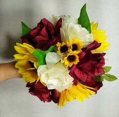 Burgundy Ivory Rose Sunflower Bridal Wedding Bouquet Accessories