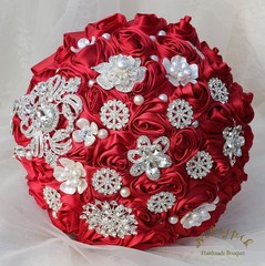 Bridal Wedding Bouquet Round Bling Brooch Bouquet Artificial Rose Flower Bunc…