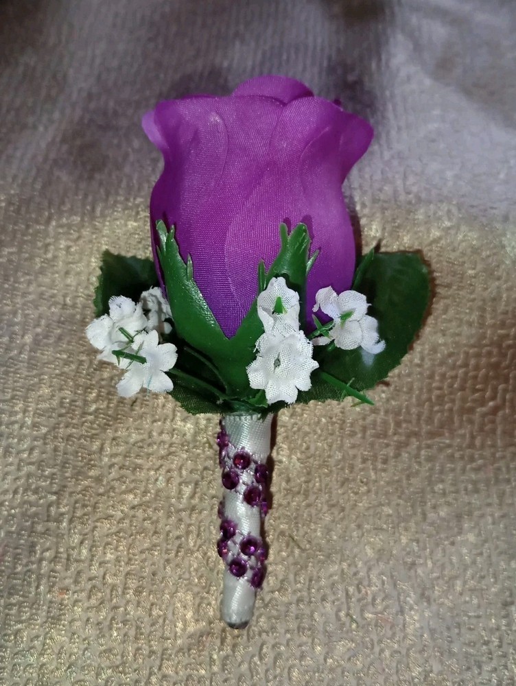 NEW 4″ Long Artificial Purple Single Rose Boutonniere With Rhinestone Wrap