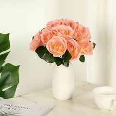PEACH 12″ tall Velvet Roses ARTIFICIAL FLOWERS Bouquet Wedding Party Decorations