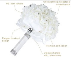 White Foam Rose Wedding Bouquet with Rhinestones and Ribbon Handle, 9.84 in