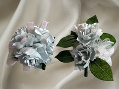 Handmade gardenia wrist corsage and boutonniere Set (light powder blue)