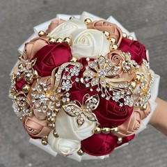 New Bridal Bouquet Exquisite Rhinestone Silk Rose and Pearl Handmade