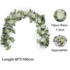 6FT Artificial Eucalyptus Garland with Flowers, 10 Roses Baby Breath White