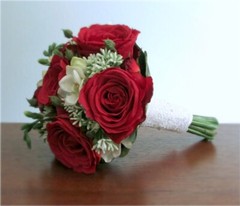 Silk Flower BRIDAL BOUQUET Red Rose and White Freesia, Boutonniere Included