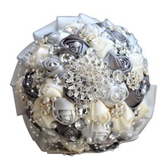 Handmade Luxury Rose Silk Pearls Rhinestone Brooch Wedding Bridal Bouquet Ivory