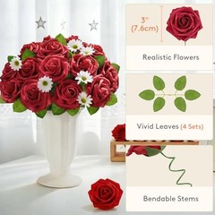 Artificial Flowers Pcs Foam Real Looking Roses with Stems, Fake 25 Dark Red