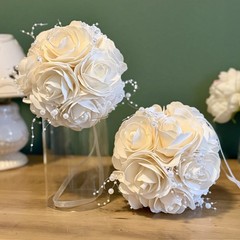 2 Ivory Rose Kissing Balls Wedding Decor Floral Pomander Hanging or Centerpiece