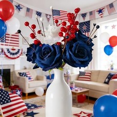 Patriotic Artificial Rose Flowers Berry Stem Picks Red White Blue Silk Floral