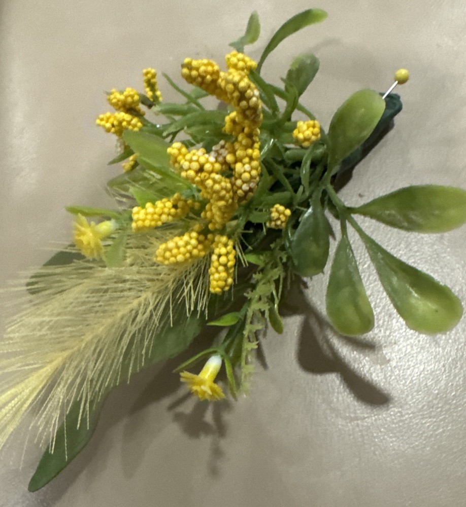 Silk Boutonnière Yellow Flowers & Filler. Yellow Ribbon On Stem Perfect For Prom