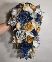 Navy Blue Silver Gold Rose Calla Lily Sola Wood Bridal Wedding Bouquet Accessori